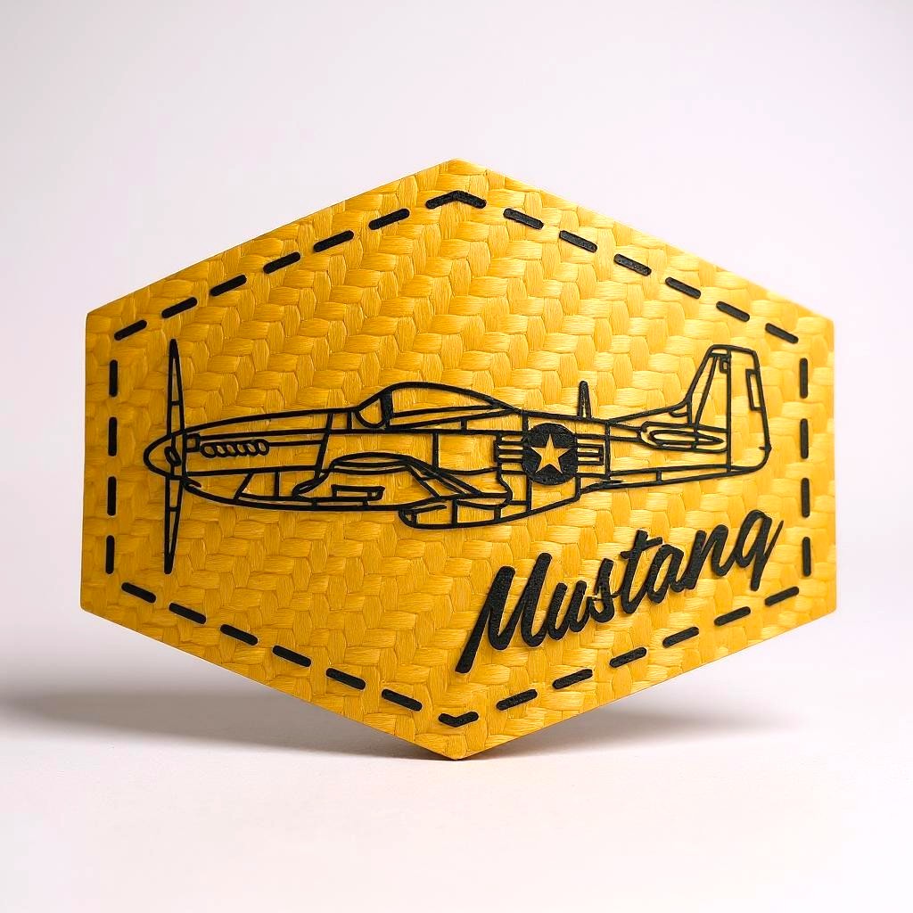 Gold hexagonal patch with airplane design and 'Mustang' text on a white background