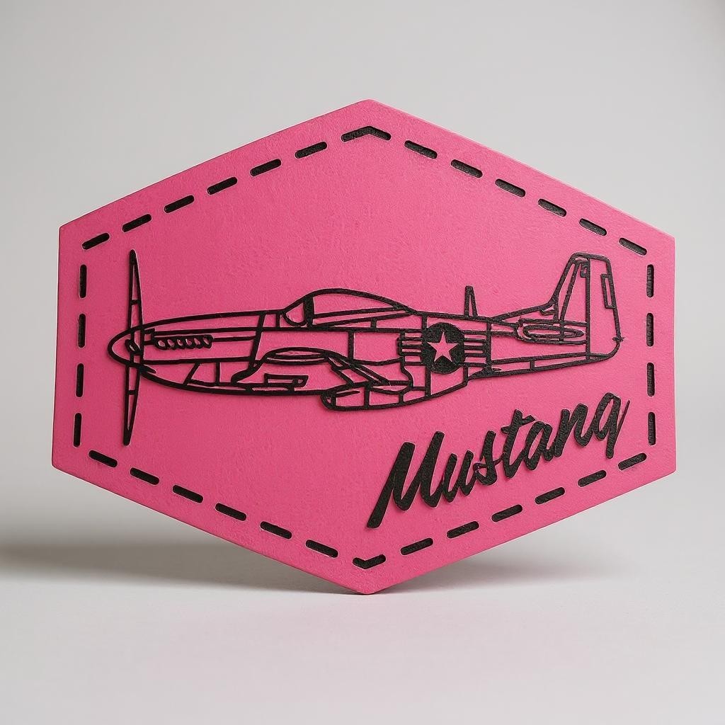 Pink hexagonal patch with airplane design and 'Mustang' text on a gray background