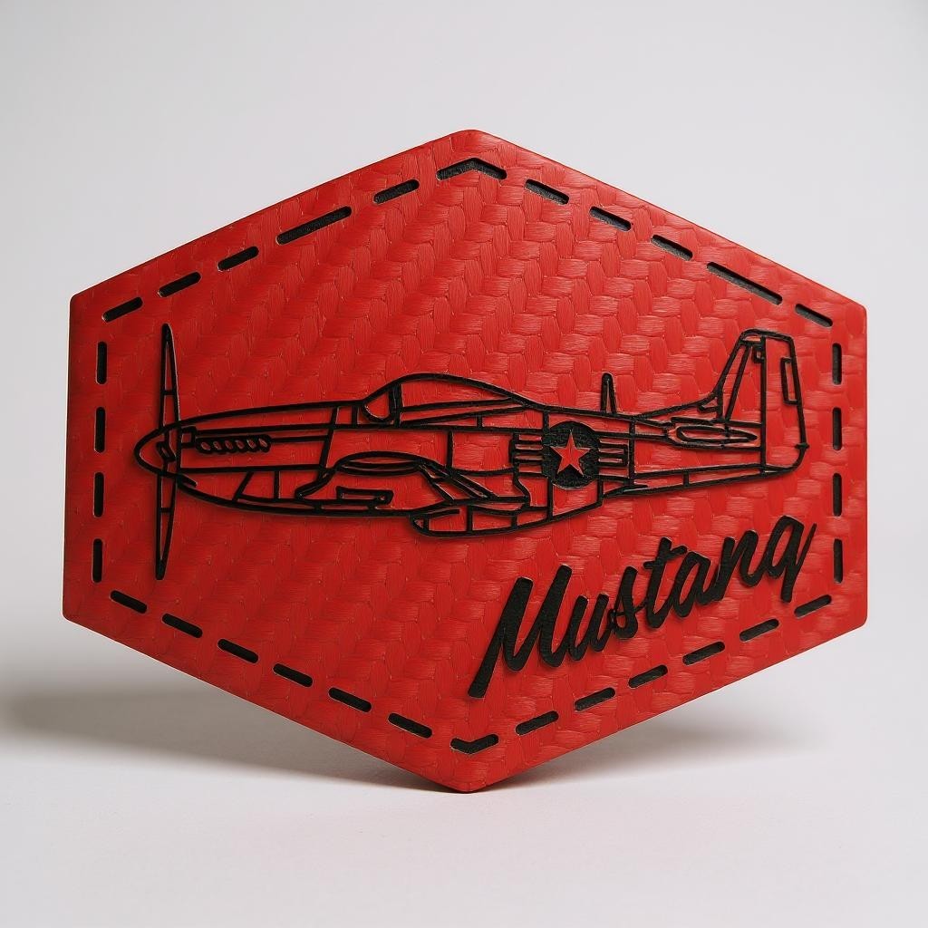Red hexagonal sign with black airplane illustration and 'Mustang' text on a light gray background