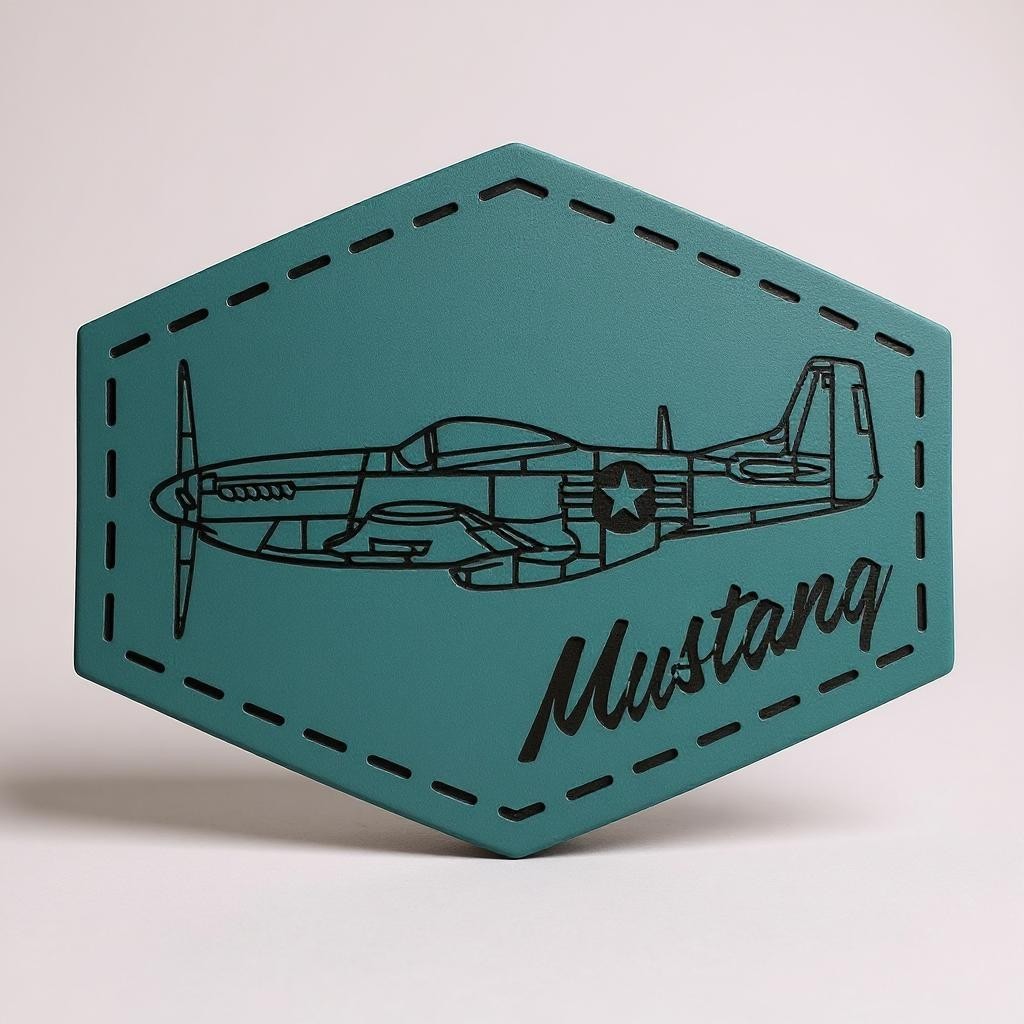 Hexagonal teal leather patch with a black airplane design and 'Mustang' text on a light gray background